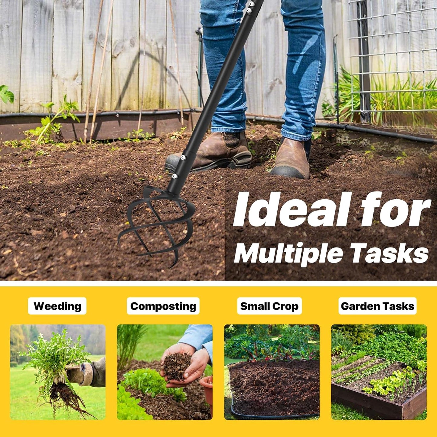 Hand Tiller Garden Tool, Twist Tiller for Gardening with Long Handle, 44.3-inch Garden Claw Hand Tool for Lawn Aerator, Hand Cultivator Tiller Tool for Garden Beds, Plant Box