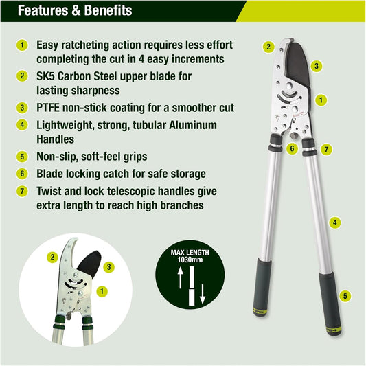 Kew Gardens Razorsharp Heavy Duty Telescopic Ratchet Anvil Loppers