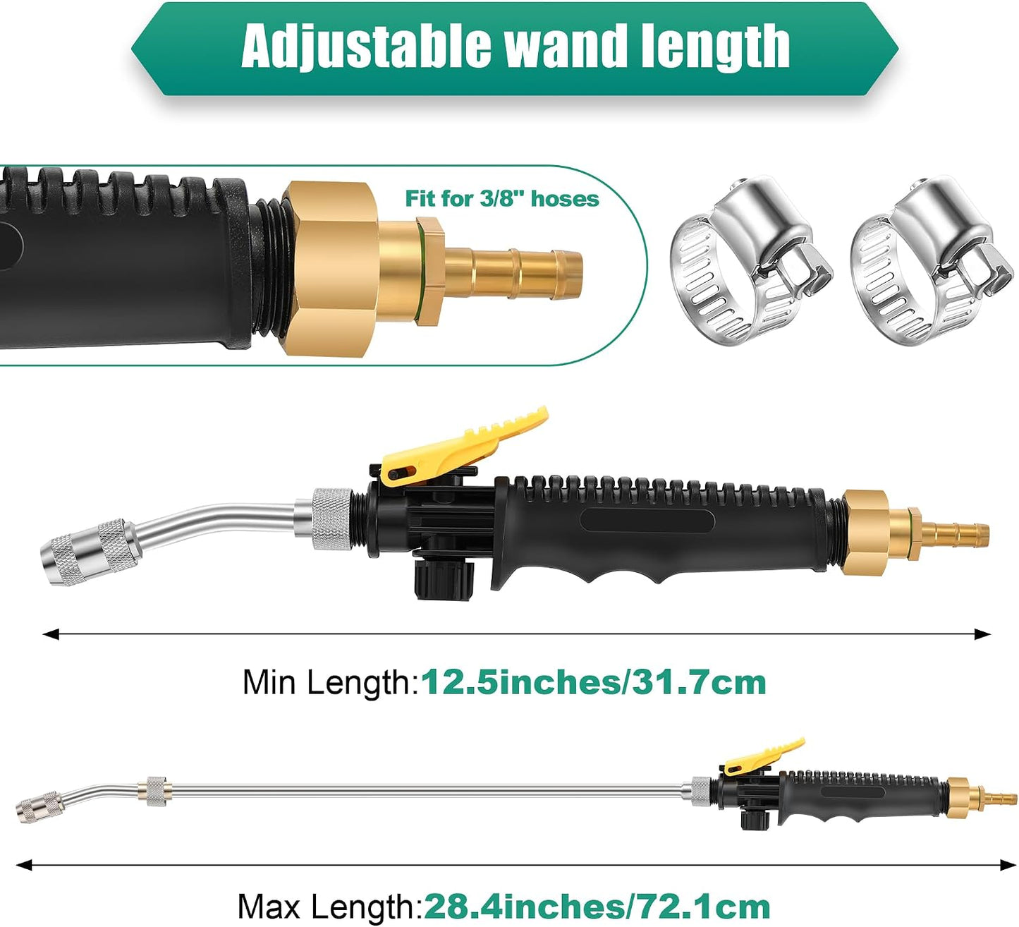 29 Inch Sprayer Wand Replacement Stainless Steel 3/8" Brass Barb Universal Water Spray Parts Metal Adjustable Nozzle Sprayer Wand with Shut off Valve(2 Set)