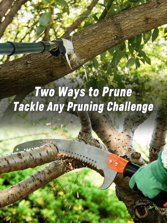 11-foot lightweight manual pruning saw with integrated telescopic pole, stainless steel blade, no assembly required. Long-reach pruning saw suitable for yards, gardens, patios, and forestry work.