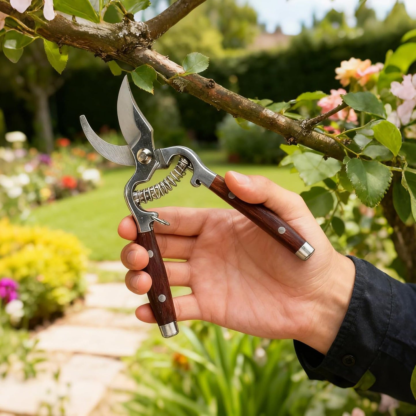 2 Pack Garden Pruning Shears for Gardening, Wood Steel Handle Bypass Pruning Shears for Gardening, Curved Straight Garden Shears, Gardening Tools for Plants Flowers Light Branches