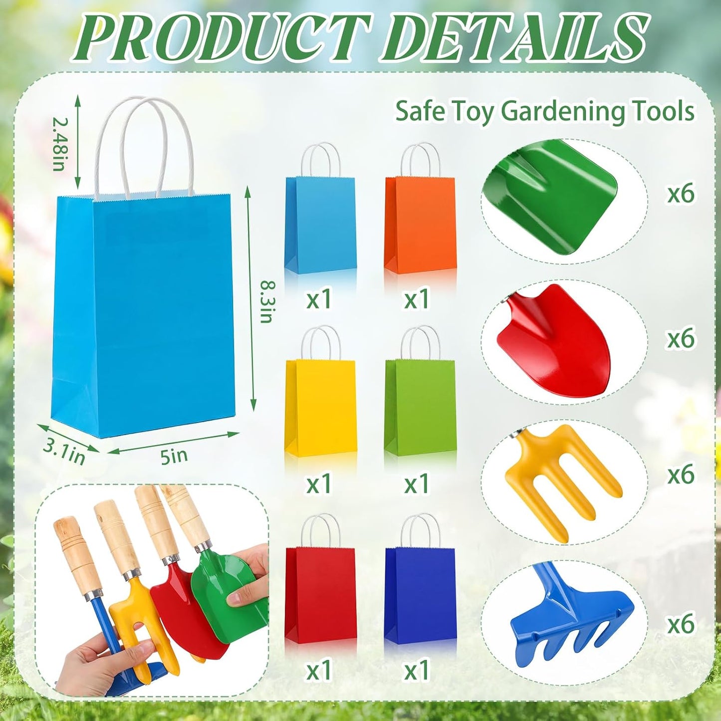 60 Pcs Kids Beach Sand Toy Gardening Tools Bulk Set Include Kids Beach Shovel Rake Fork Trowel and Gift Bags Metal Planting Tools with Wooden Handle for Planting Loosening Digging Outdoor