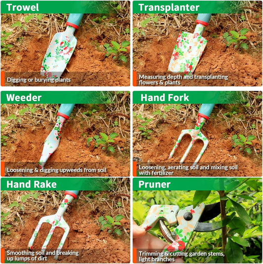 Garden Tools Set, 10 PCS Heavy Duty Gardening Tools Includes Hand Trowel Rake Weeder Pruner, Gardening Gifts for Women, Garden Kit with Tote Bag, Apron, Gloves, Kneeling Pad