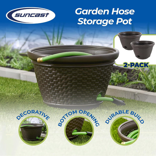 2 Pack Decorative Wicker Garden Hose Holder Pot with 4 Drain Holes for 100 Foot Hoses, Java