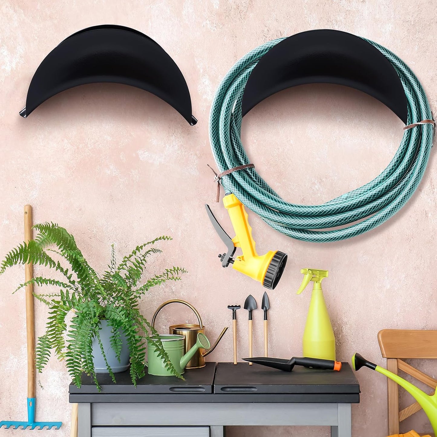 6 Pcs Heavy Duty Wall Mount Garden Hose Holder, Metal Water Hose Rack with Screws Black Rustproof Storage Organizer for Outside Yard Lawn Garage