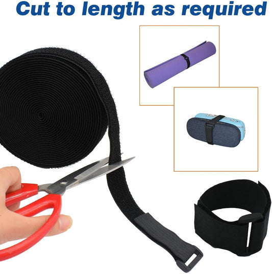 1"x20FT Hook and Loop Straps, with 30 Plastic Buckles, Adjustable Fastening Cable Straps, Cut-to-Length Cinch Strap, Reusable Nylon Securing Cord Ties for Organizer or Storage - Black