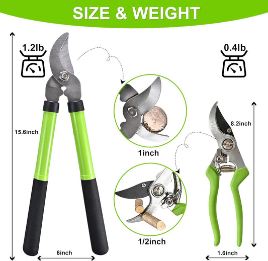 2Pcs High Carbon Steel Bypass Hand Loppers & SK5 Pruning Shears Set