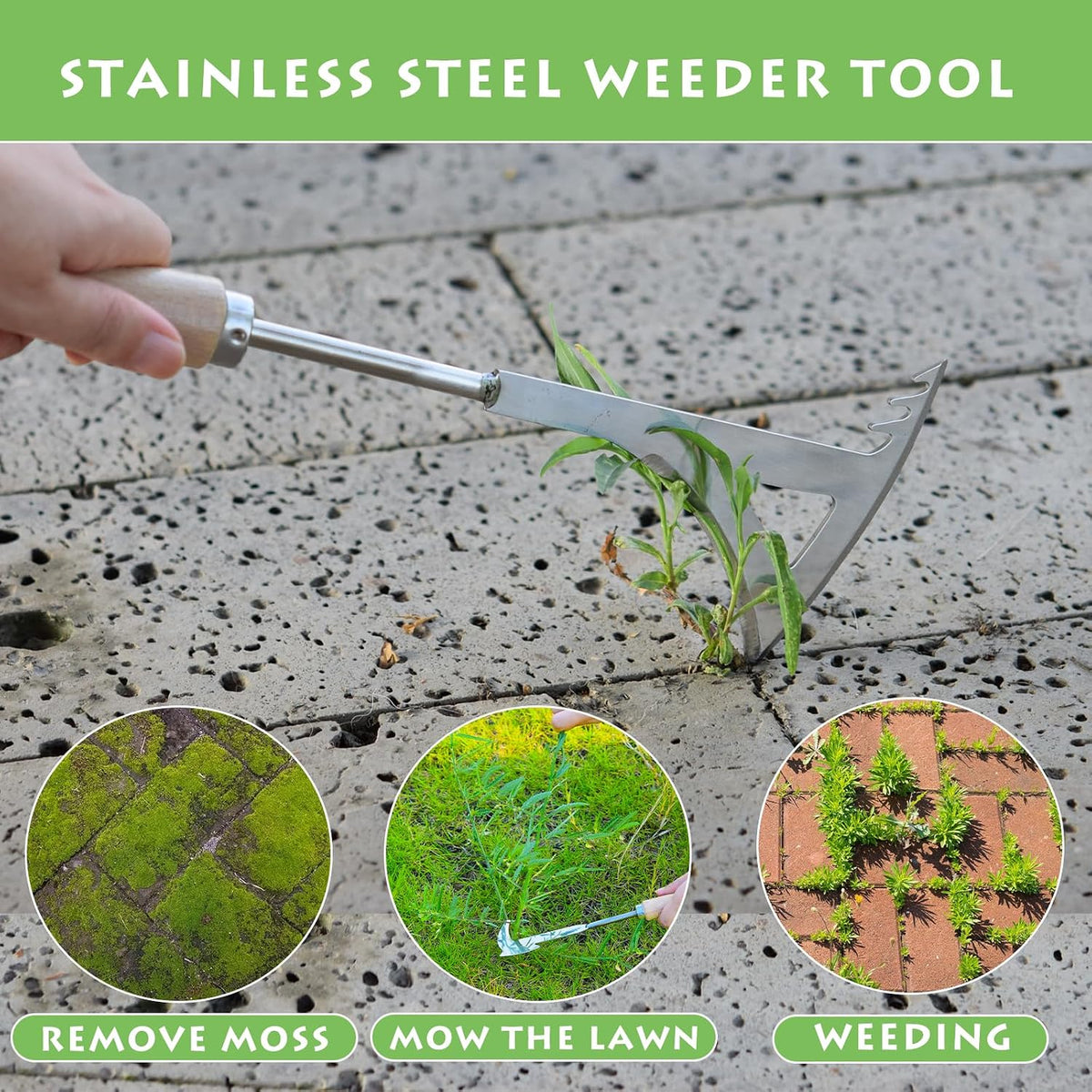 Crack Weeder, 12" Stainless Steel Crevice Weeding Tool with Wood Handle, Axe-Shaped Side-Walk Weed Puller Spatula, for Garden Lawn Yard Patio Terrace Paving Moss, Small Gardening Tool