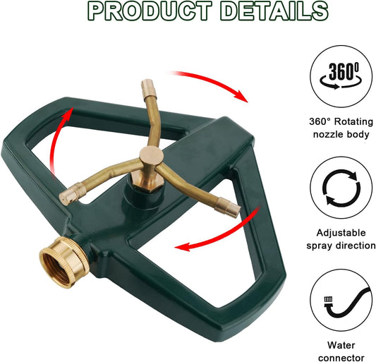 Metal Rotating Water Sprinkler for Lawn,Brass 3 Arm Impact Heavy Duty Whirling Circular Sprinkler,Suitable for Small lawns and Gardens, Yards
