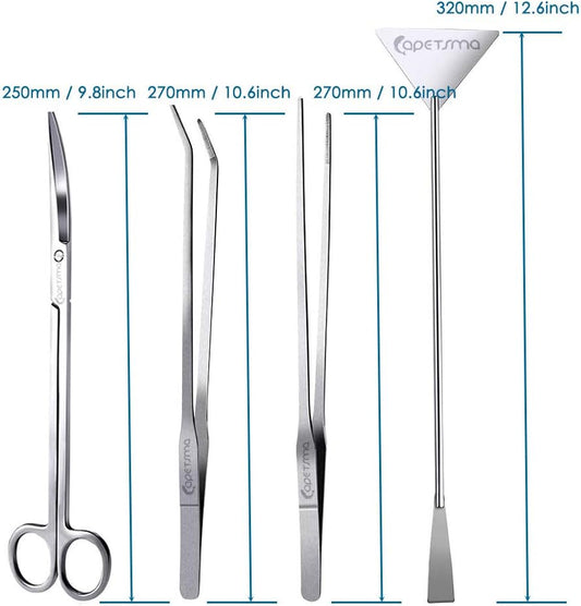 Aquascape Long Stainless Steel Plant Tools Set - Aquarium Tweezers, Scissors, Spatula, Algae Scrapers - Fish Tank Cleaning Kit