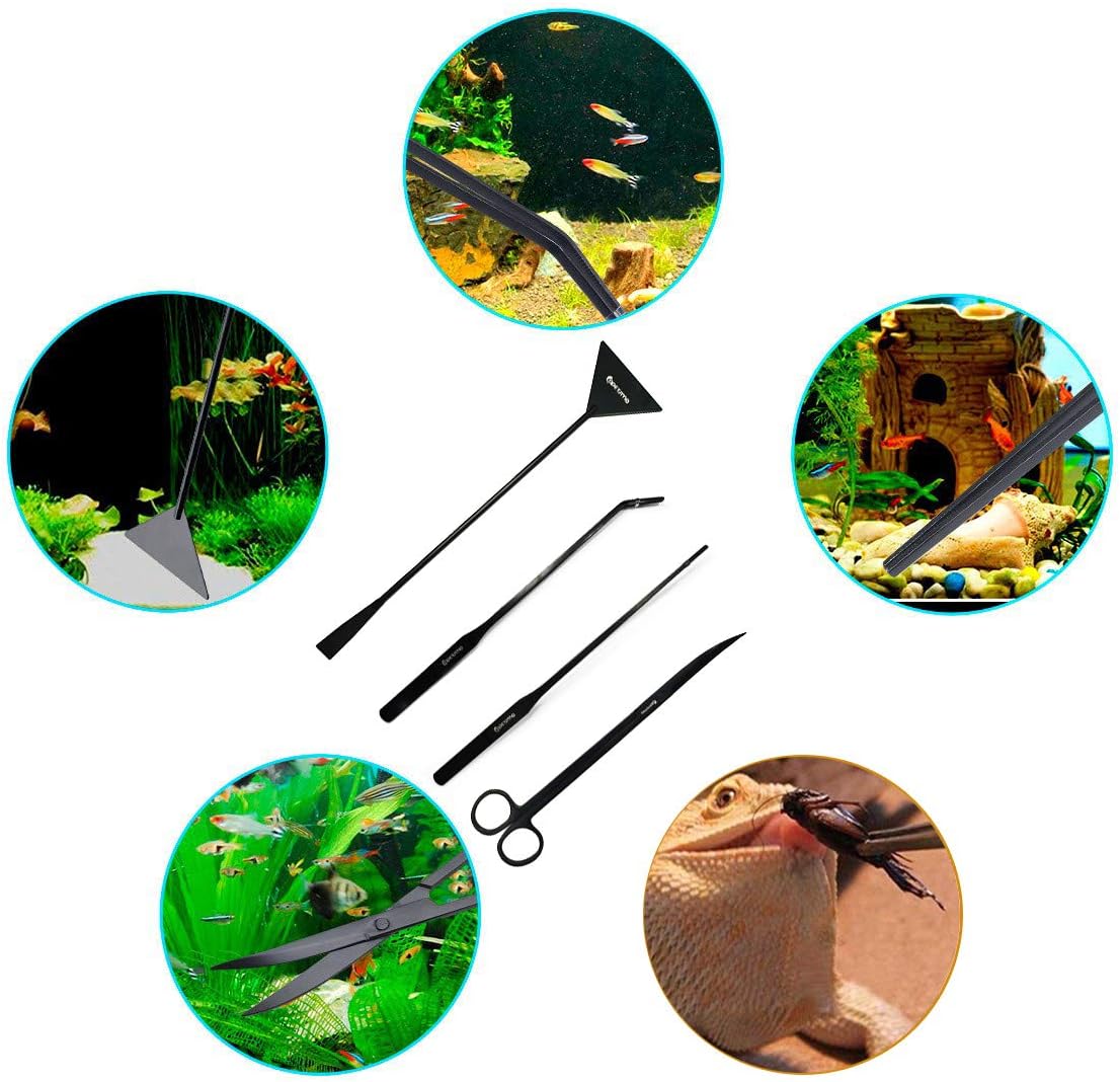 Aquascape Long Stainless Steel Plant Tools Set - Aquarium Tweezers, Scissors, Spatula, Algae Scrapers - Fish Tank Cleaning Kit