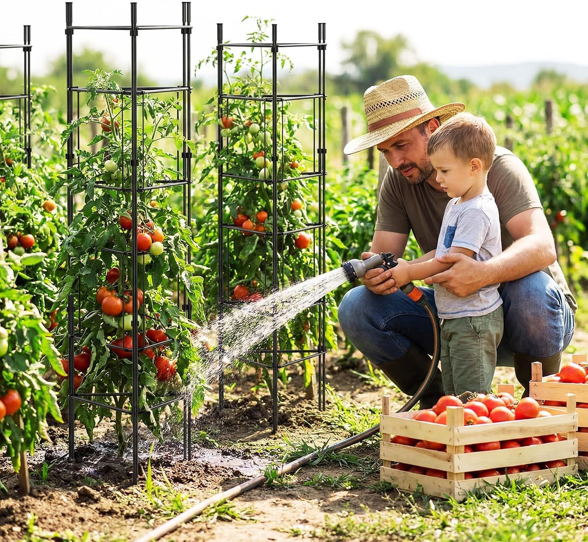 46 Inch Heavy Duty Metal Tomato Cage for Garden - 3 Pack Metal Steel Tomato Cages, Panel-Assembled Garden Trellis, Flexible Shapes Plant Support Set, Rustproof Stackable Trellis for Climbing Plants