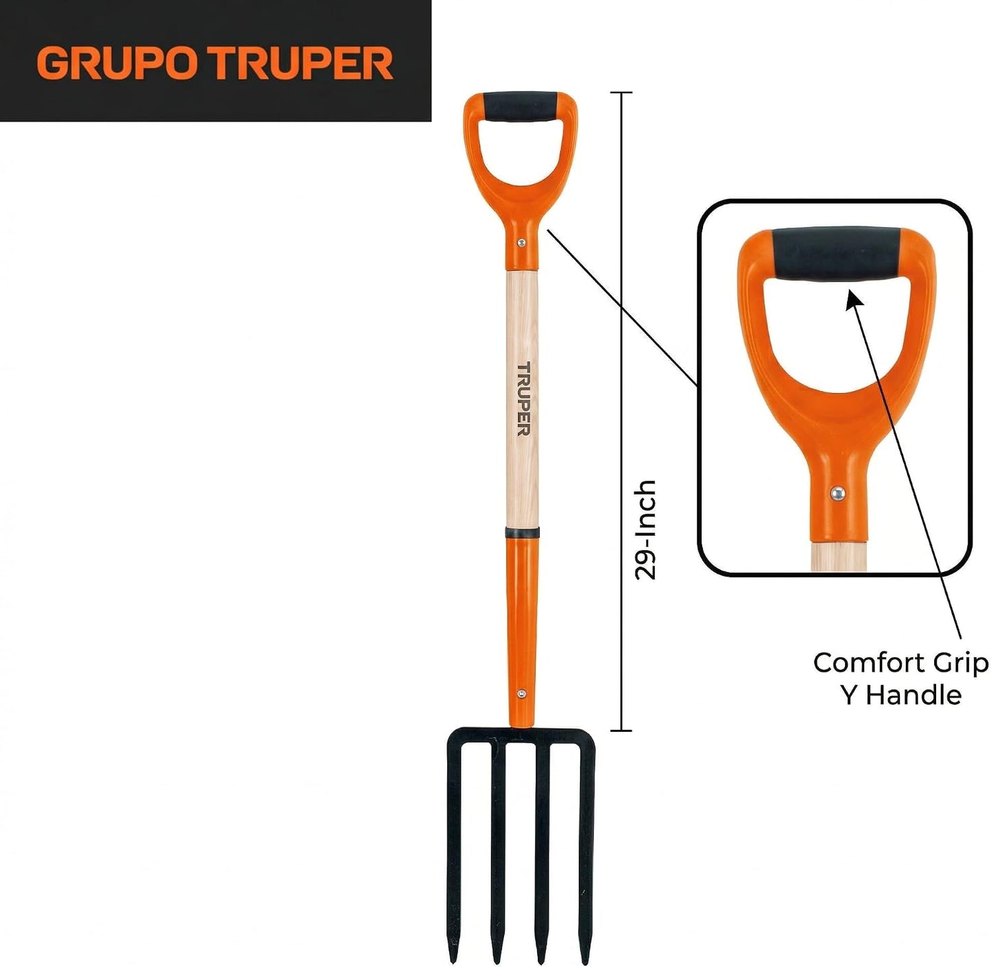 Garden Fork, 4 Tines, 29-Inch Ash Wood Handle with Comfort Grip Y Handle, Forged One-Piece Steel Head (Model BJ-4P / 11018)