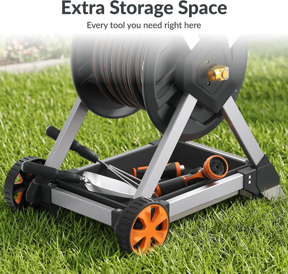Garden Hose Reel Cart,125FT 5/8" Hose Capacity with Storage Basket