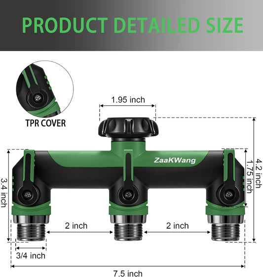 Garden Hose Splitter, 3 Way Hose Splitter, Heavy Duty Water Hose Bib Spigot Splitter, Outdoor Faucet Splitter with Shutoff Valve, T Adapter Connector with 3/4 - Inch GHT Thread (Green)
