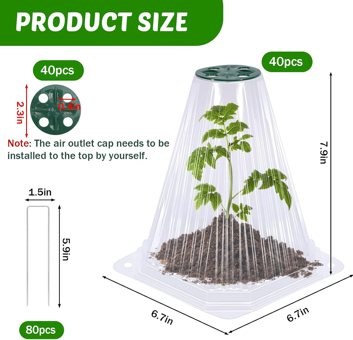 20 Pack Garden Cloches for Plants with 40PCS Ground Stakes,Clear Reusable Bell Covers with Rotatable Vent for Plant Protection,Garden Protector from Animals Birds Chicken,7.9" H X 6.7" D