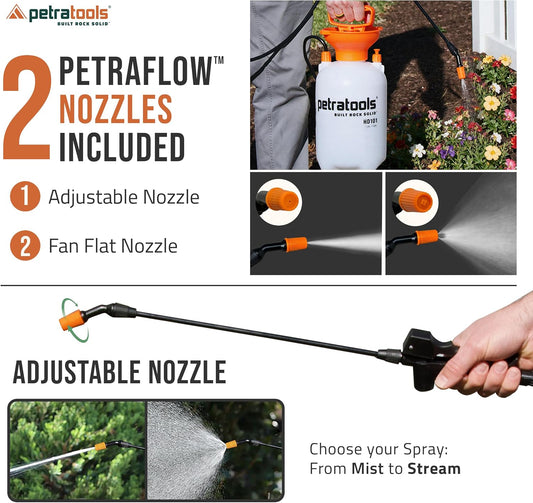 PetraTools HD201 Garden Pump Sprayer 2 Gallon, 52-in Long Hose & 2 Nozzles