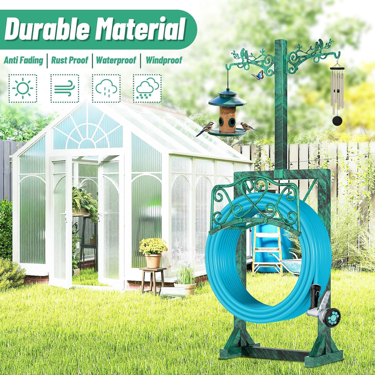 Garden Hose Holder for Outside,Water Hose Holders with 2 Bird Statue Shepherds Hooks & 5 Spikes,Double-Sided Freestanding Hose Stand Heavy Duty Hose Storage Rack for Outdoor Yard Lawn Farm