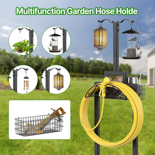 Garden Hose Holder, Water Hose Holders for Outside with Storage Basket & 2 Shepherds Hooks, Detachable Garden Hose Holder Freestanding, Heavy Duty Hose Holder Supports 150ft Hoses