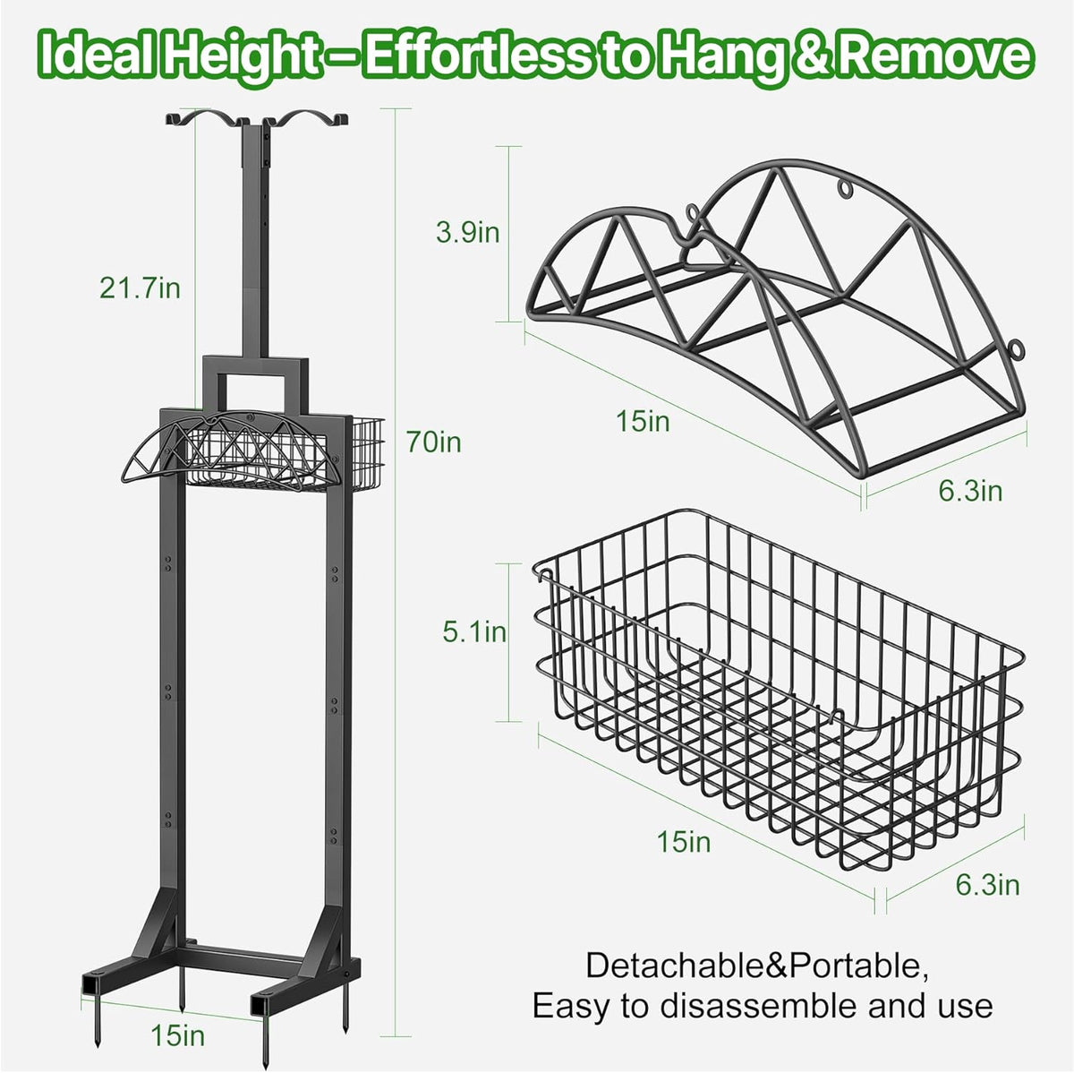 Garden Hose Holder, Water Hose Holders for Outside with Storage Basket & 2 Shepherds Hooks, Detachable Garden Hose Holder Freestanding, Heavy Duty Hose Holder Supports 150ft Hoses