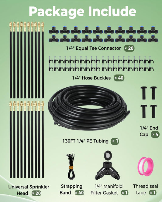130FT Drip Irrigation System for Garden: 20 Nozzles 1/4" PE Tubing Automatic Watering Kit Adjustable Misting Sprinkler Mister Hose for Water Plants Tape Raised Beds Lawn Outdoor Yard Greenhouse 130FT