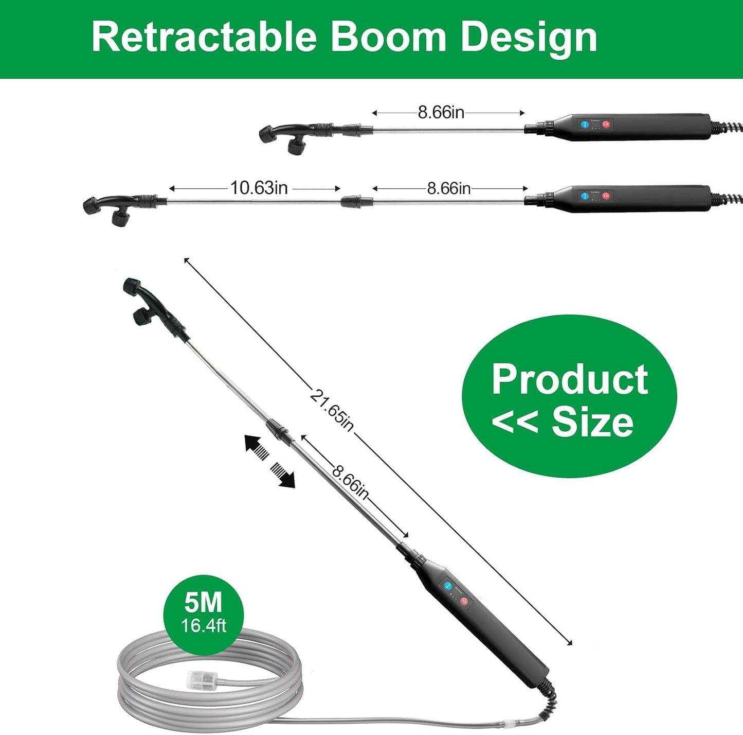 23.6" Battery Powered Sprayer Wand, 2025 Upgraded Electric Sprayer Telescopic Wand with 3 Spray Forces, Battery Indicator, 16.4FT Hose, 3 Mist Nozzles for Lawn and Garden