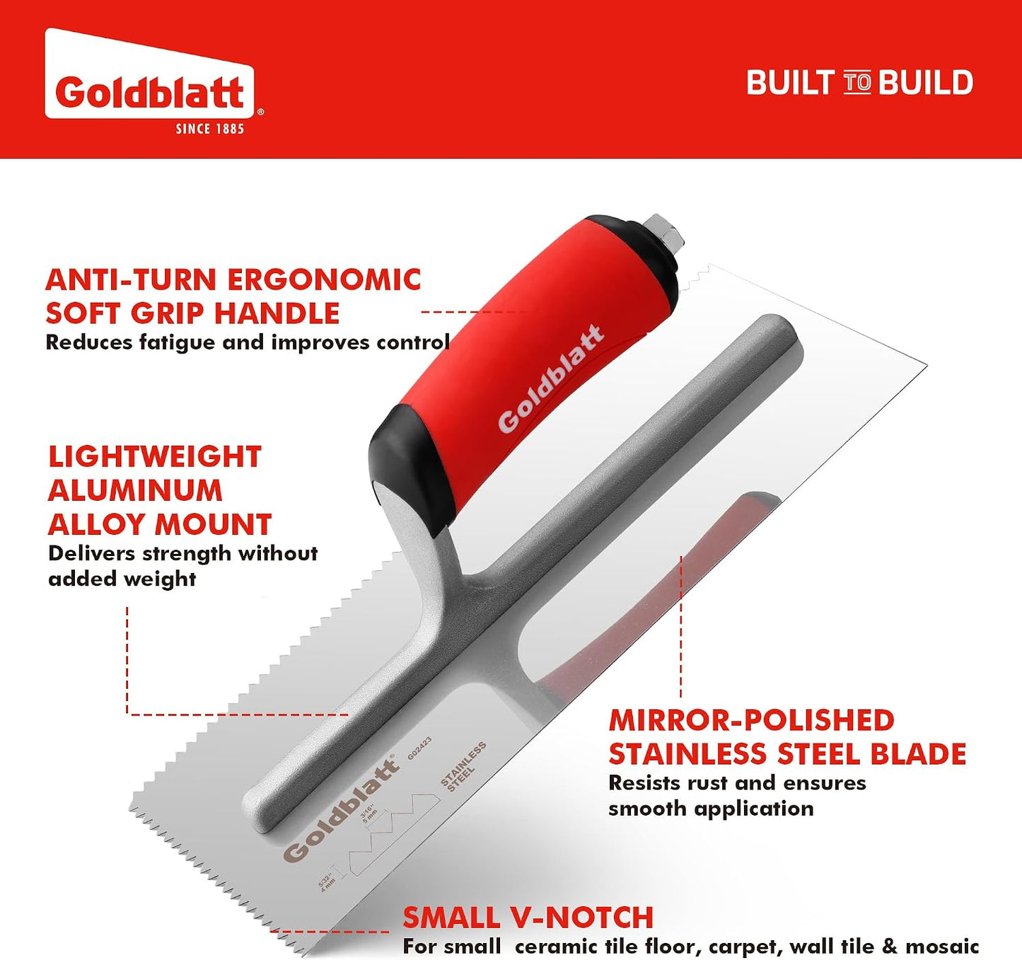 1/2'' x 1/2'' x 1/2'' Square-Notch Tile Trowel, 11'' x 4.5''