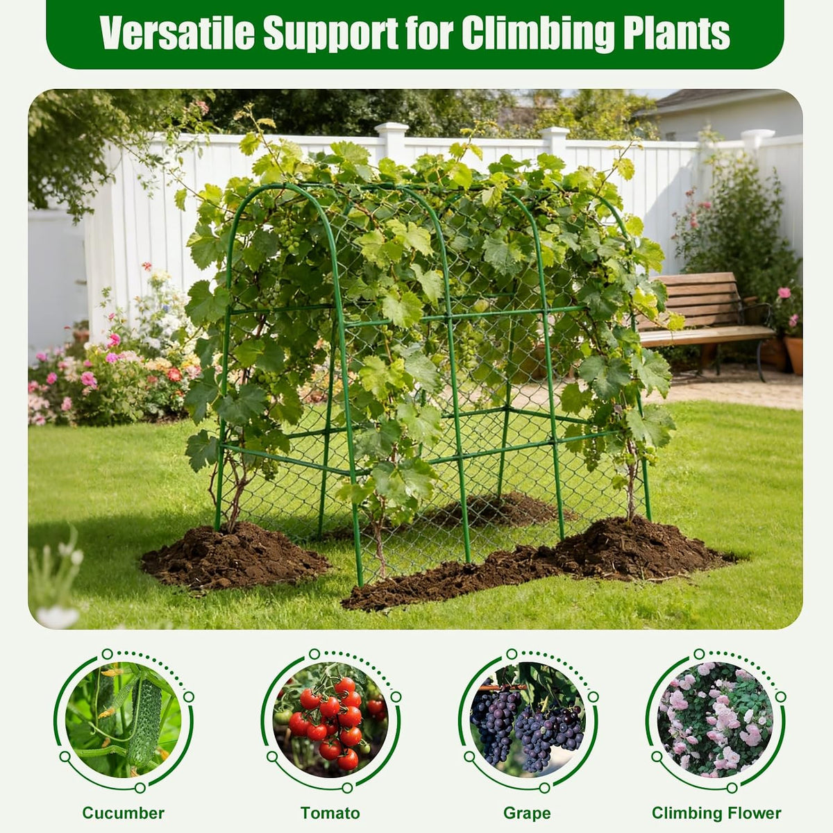 Cucumber Trellis for Raised Beds, Cucumber Trellis for Climbing Plants Outdoor, with Garden Netting and Plant Clip, Metal Arch Garden Trellis Ideal for Cucumbers, Tomatoes, and Flowers