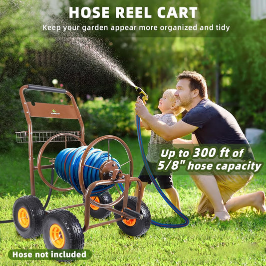 Upgrade Hose Reel Cart, Garden Hose Cart 4 Wheels, Holds 300ft 5/8"