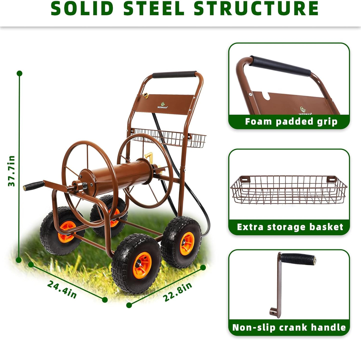 Upgrade Hose Reel Cart, Garden Hose Cart 4 Wheels, Holds 300ft 5/8"