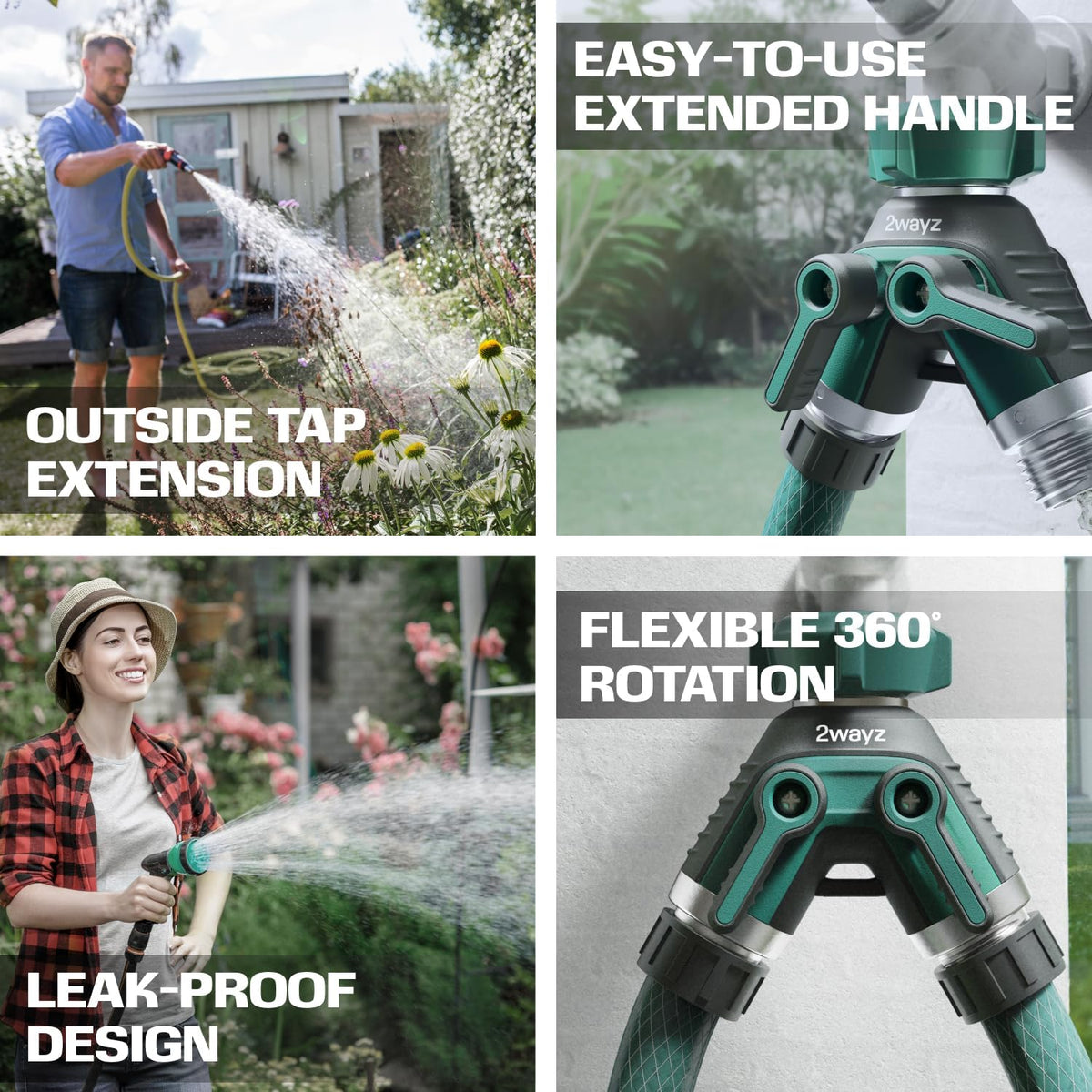 Hose Splitter 2 Way Heavy Duty Outdoor Faucet and Garden Connector - Water Spigot Splitter - Durable All-Metal Y Adapter with Shut-Off Valve - 4 x 4 x 1.5 Inches
