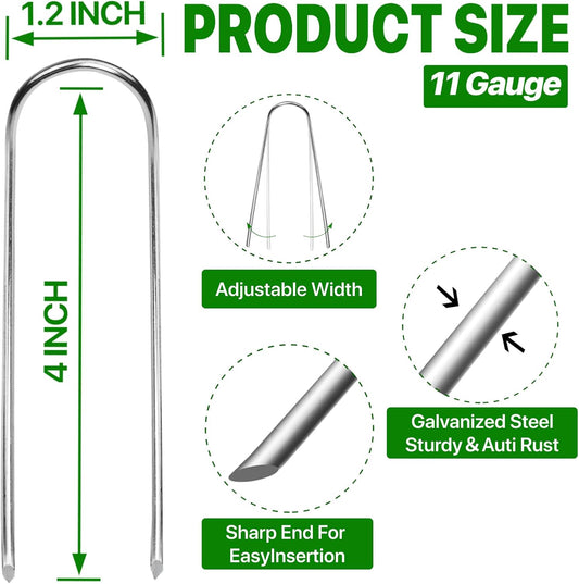 U Shape Garden Stakes 50 Packs 4 Inch 11 Gauge Irrigation Tubing Stakes, Heavy Duty Galvanized Landscape Staples for Tube, Lawns, Landscape Fabrics,Irrigation Hose and Weed Barriers