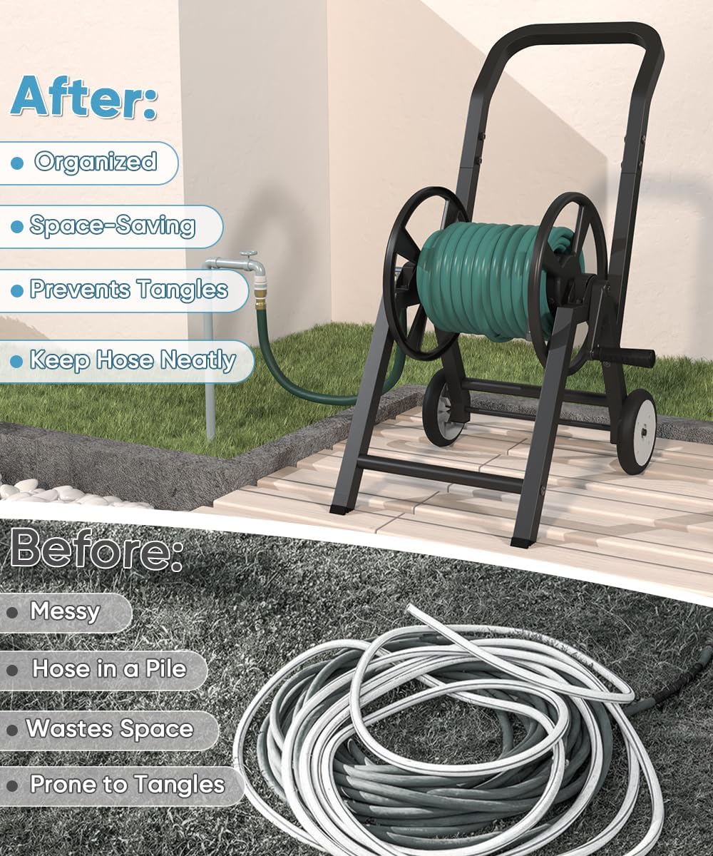 Garden Hose Reel Cart with Wheels, Holds 165 ft of 5/8’’ Hose Outdoor Heavy Duty Powder-coated Steel Water Storage Holder Rack with 3.9 Ft Leader Hose for Outside Lawn Yard, Black