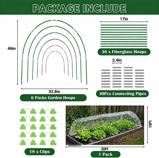 Garden Netting Kit, 10x30FT Ultra Fine Mesh Netting & 6 Sets 8FT Garden Hoops, Bird & Insect Netting for Garden Plant Covers, Garden Netting Kit for Raised Beds Greenhouse Row Cover Animal Protection