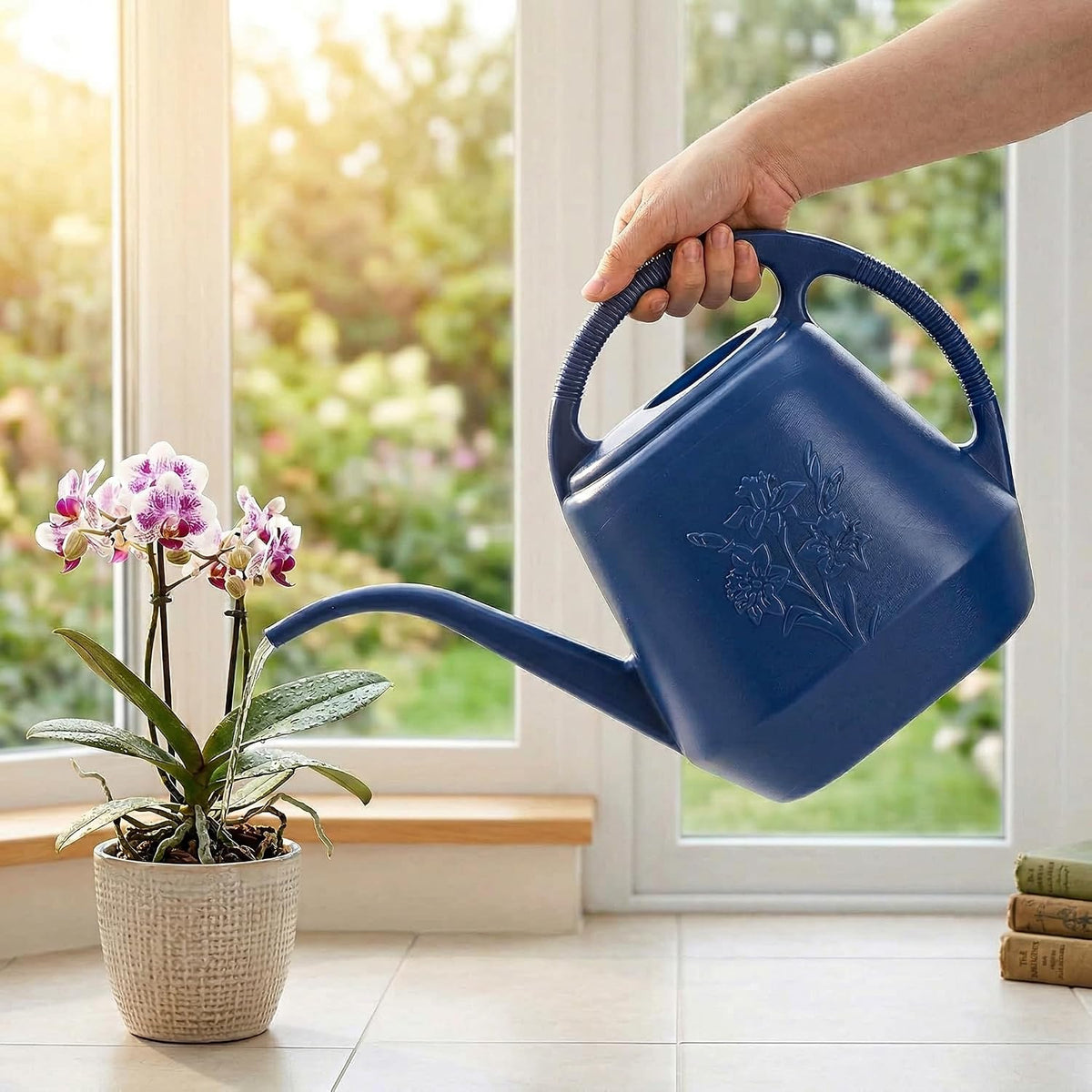 1-Gallon Plastic Watering Can with Comfortable Handle, Garden Watering Cans Long Spout for Indoor Outdoor Watering Plants, Blue