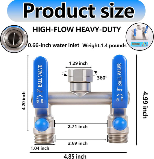 304 Stainless Steel Garden Hose Splitter 2 Way Heavy Duty, Full Flow Hose Splitter with Long Handle,Lead-free T Valve Rust and Freeze Resistant,3/4" GHT Threads