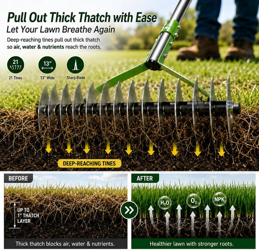 Heavy Duty Thatch Rake for Lawns - 13” Deep-Clean Dethatching Rake for Dead Grass & Moss Removal, Dual-Sided Manual Dethatcher and Scarifier Tool, 65" Long Metal Handle for Garden Yard Lawn Care