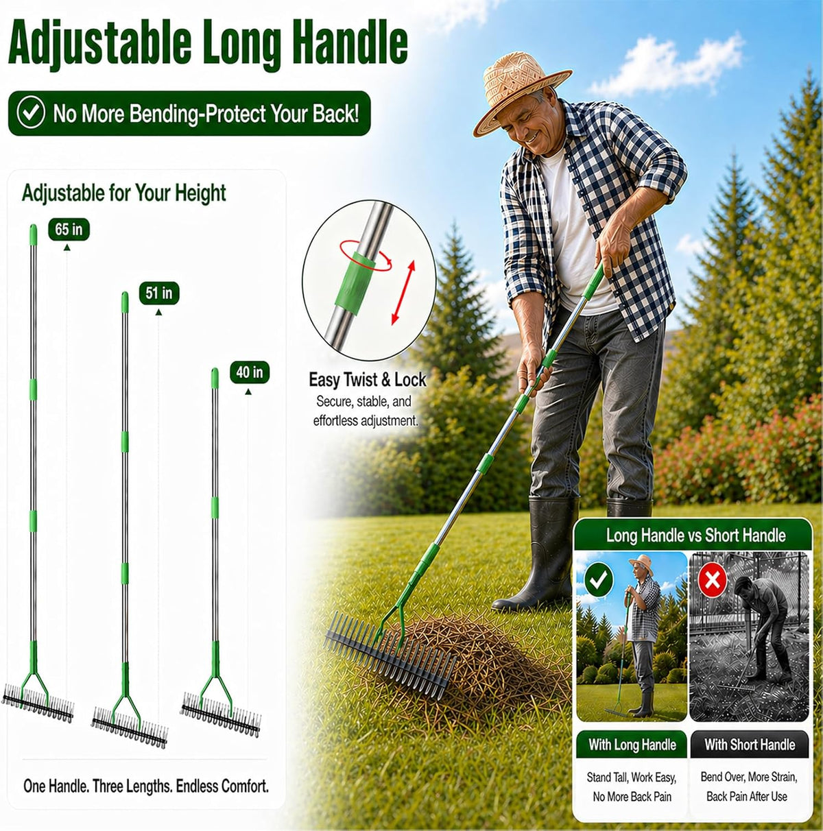 Heavy Duty Thatch Rake for Lawns - 13” Deep-Clean Dethatching Rake for Dead Grass & Moss Removal, Dual-Sided Manual Dethatcher and Scarifier Tool, 65" Long Metal Handle for Garden Yard Lawn Care