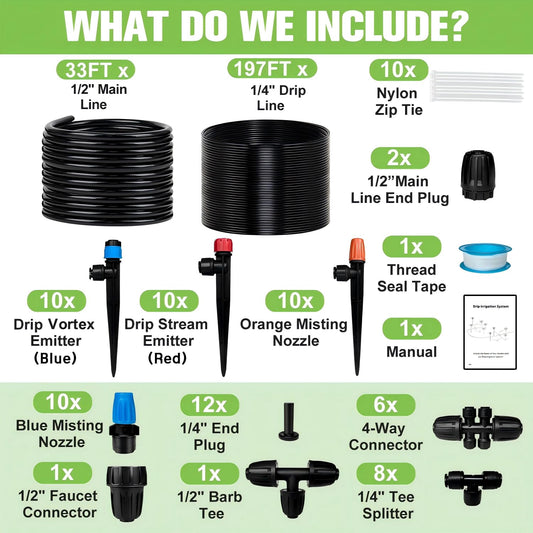 230FT Drip Irrigation System for Garden with 40 Nozzles & Emitters, Garden Watering System with 1/2" & 1/4" Tube and Barbed Fittings - Adjustable Sprinklers Kit for Greenhouse, Lawn, Raised Bed