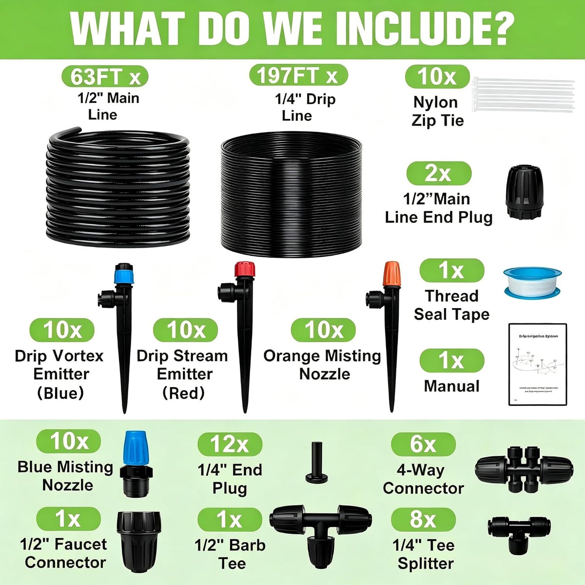 230FT Drip Irrigation System for Garden with 40 Nozzles & Emitters, Garden Watering System with 1/2" & 1/4" Tube and Barbed Fittings - Adjustable Sprinklers Kit for Greenhouse, Lawn, Raised Bed