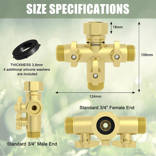 Heavy Duty Metal 3 Way + Type Garden Hose Splitter with Shut-Off Valves, 3/4" High Flow Spigot Faucet Connectors with 4 Extra Silicone Washers(Golden)