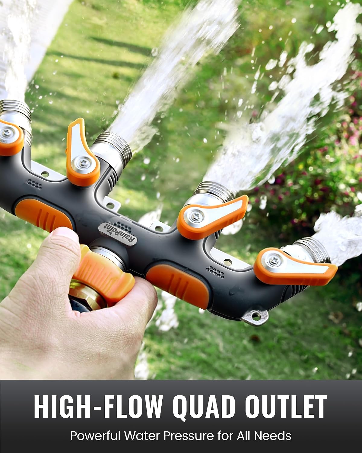 4 Way Garden Hose Splitter, 100% Metal Heavy Duty Water Hose Splitter with Individual Shut-Off Valves, 3/4" GHT High Flow Outdoor Faucet Splitter, 1.81" Extra Long Handle (Green)