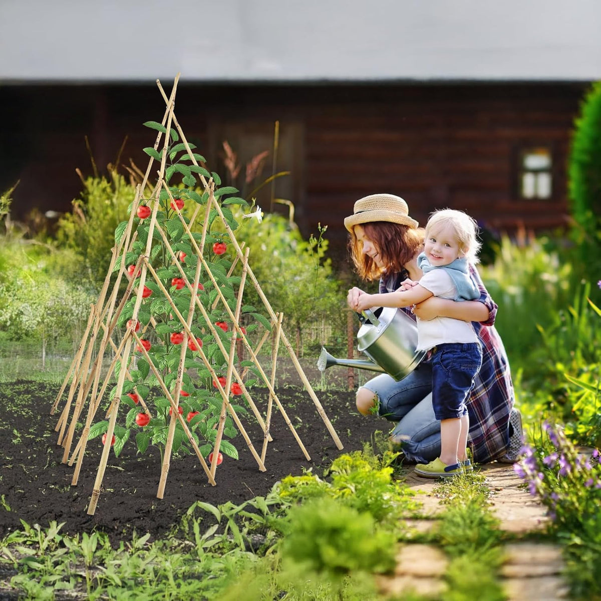 Garden Bamboo Trellis for Climbing Plants Outdoor, Adjustable Height 60 to 70inches Tall Cucumber Trellis, Obelisk Plant Support for Climbing Vine Vegetable Tomato Peas Bean