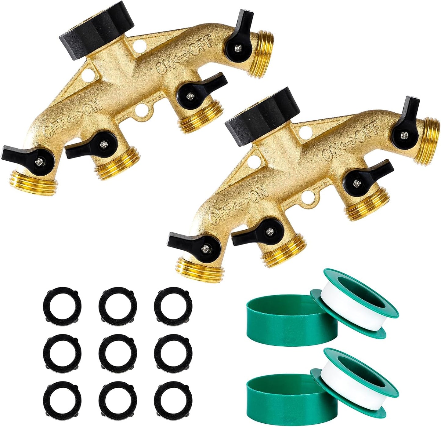 Brass Hose Splitter 2 Way, Heavy Duty Garden Hose Splitter with Shut Off Valves, Y Connector Hose Adapter, No Leak, Includes Washers & Teflon Tape –