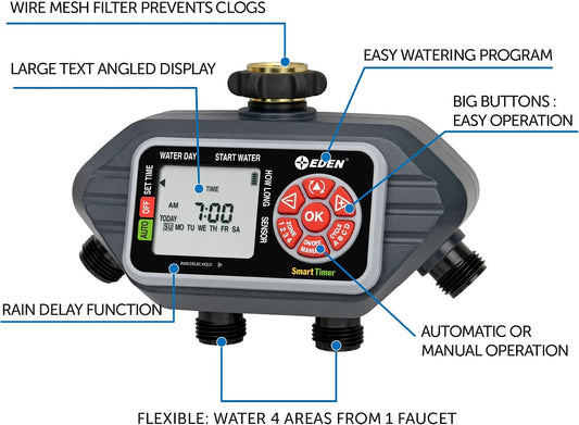 93413 Programmable Digital Water Timer 4-Zone, Compatible with Wireless Soil Moisture Sensor