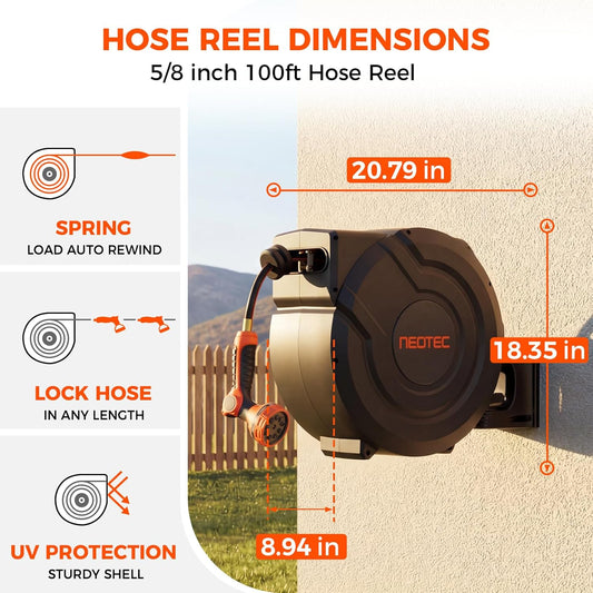 Upgraded Retractable Garden Hose Reel 5/8 inch x 100 ft 9 Pattern Nozzle Wall-Mounted Any Length Lock Automatic Slow Return 180° Swivel UV Resistant Heavy Duty Hose Reels for Outside