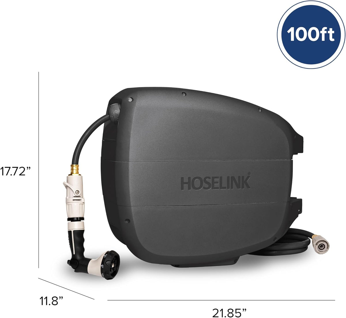 HOSELINK 90ft Hi-Flow Evolve Charcoal Retractable Garden Hose Reel, NEW Heavy Duty, Automatic Rewind, Lock Anywhere, 180 Degree Swivel, Wall Mounted Watering Solution for yard and outdoors