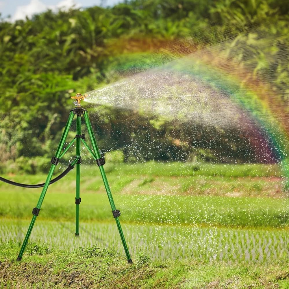 Impact Sprinkler on Tripod Base, Heavy-Duty sprinklers Provide 360-degree Spray Coverage Large Yard Garden Lawn Areas, 3/4 Inch Connector Extension Legs Flip Locks with Brass Head, 2 Pack