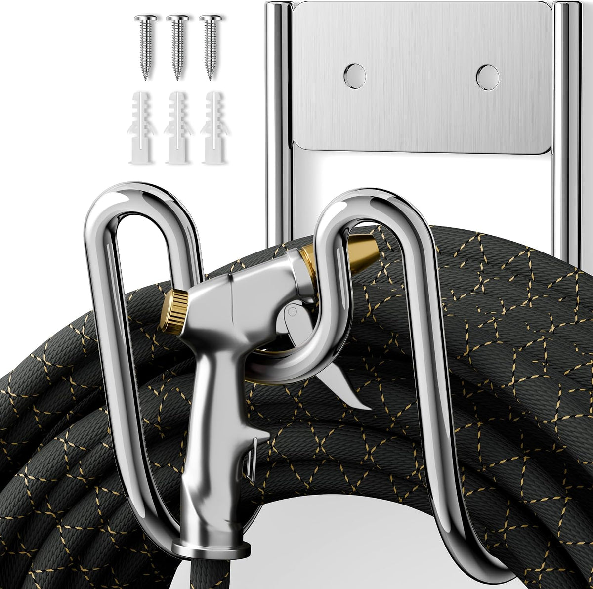 Garden Hose Holder Wall Mount - SS304 Stainless Steel Water Hose Hanger Heavy Duty Rack for Extension Cords Vacuum Hose Outside Silver (1 Pack)