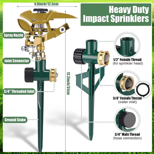 4 Pack Impact Sprinkler for Yard on Spike Base, Heavy Duty Metal Impact Sprinkler Head with 360° Adjustable Spray for Large Area Lawn & Yard Irrigation